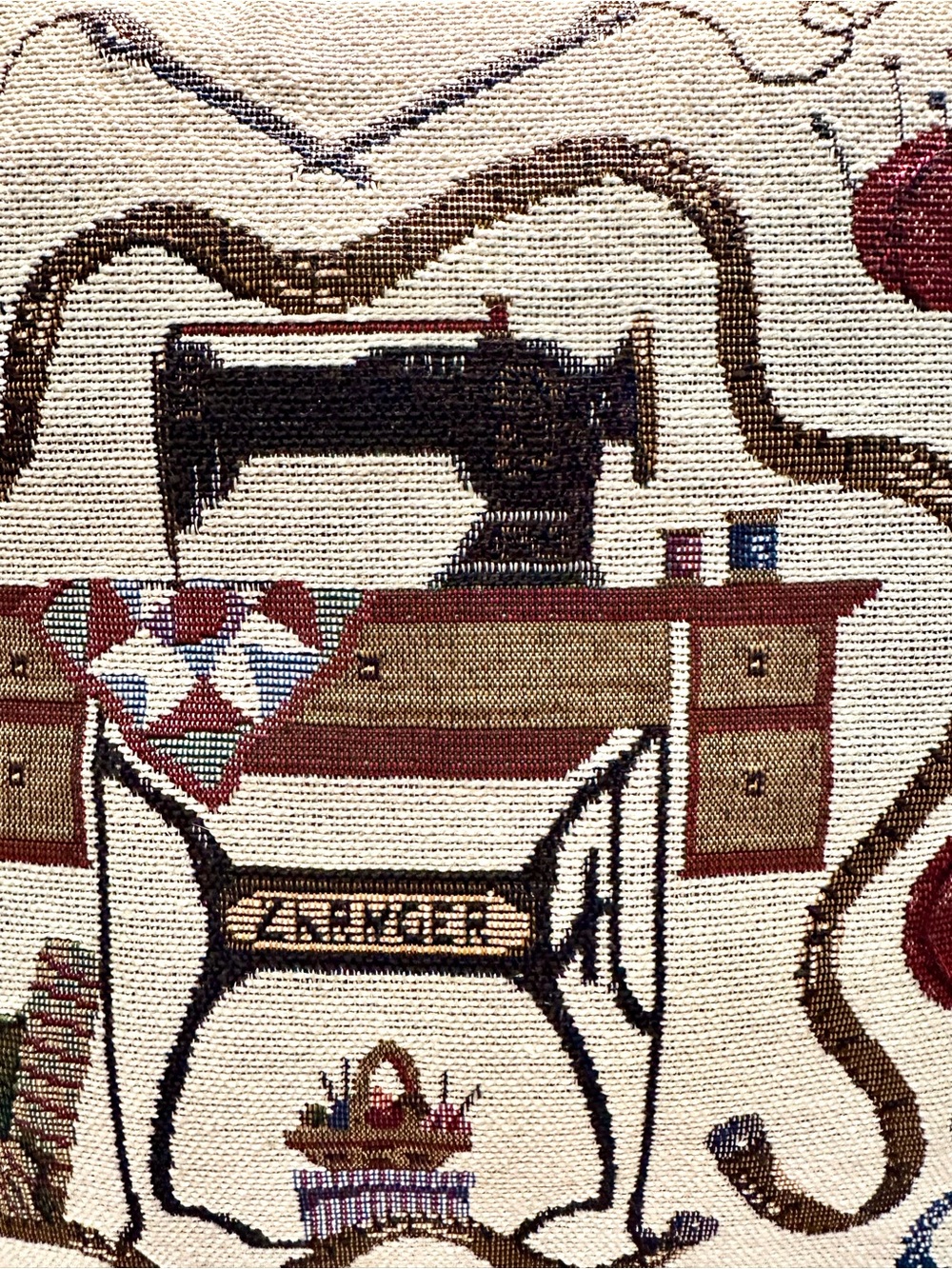 Vintage Tapestry Sewing Machine Accent Pillow  in Cream and Brown - Picture 9 of 10